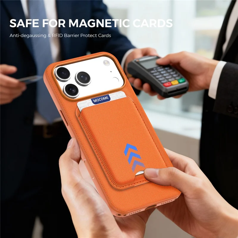 För iPhone 17 Pro Max Magnetisk Skal Tech Tyg + TPU Kortficka Ställfot Mobilskal - Orange
