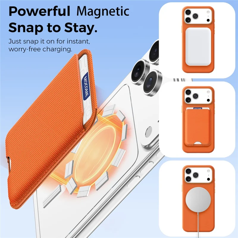 För iPhone 17 Pro Max Magnetisk Skal Tech Tyg + TPU Kortficka Ställfot Mobilskal - Orange