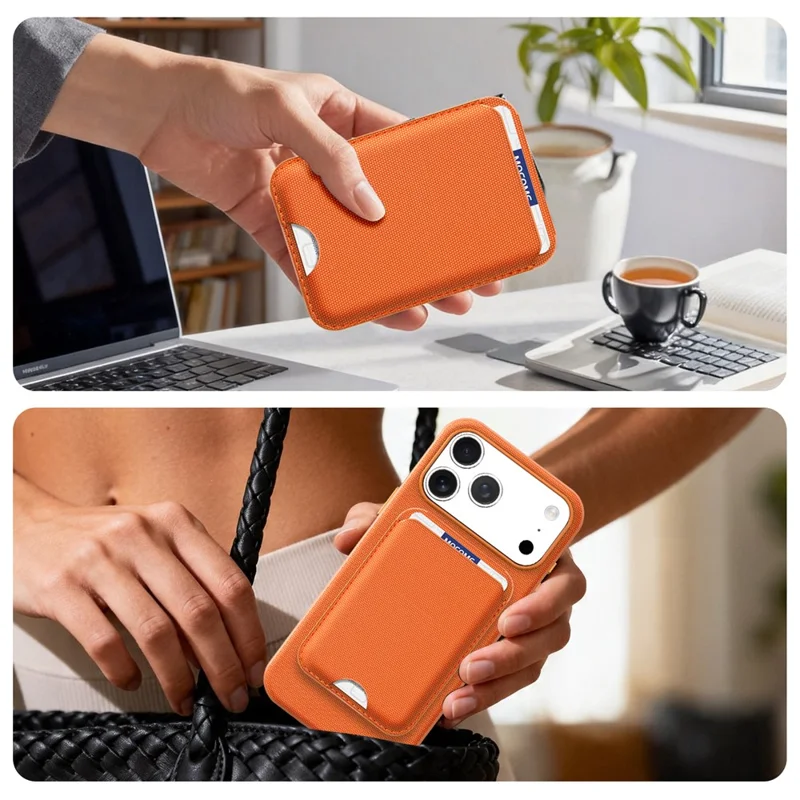 För iPhone 17 Pro Max Magnetisk Skal Tech Tyg + TPU Kortficka Ställfot Mobilskal - Orange