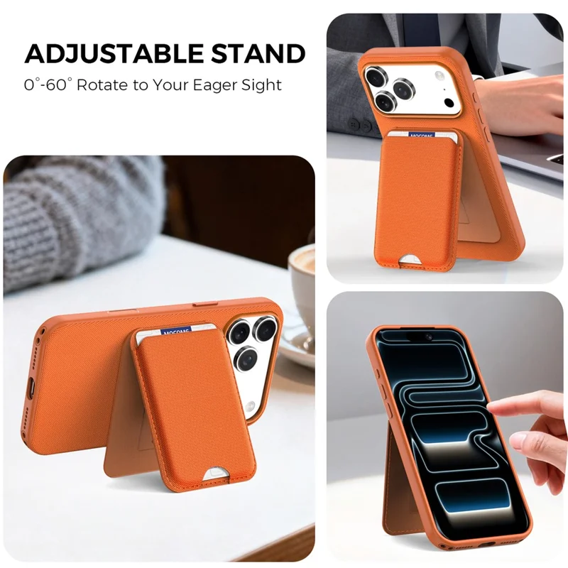 För iPhone 17 Pro Max Magnetisk Skal Tech Tyg + TPU Kortficka Ställfot Mobilskal - Orange