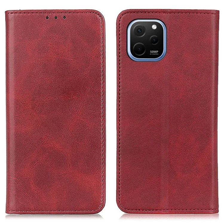 Stand Wallet Hülle Für Huawei Nova Y61 4G, Cowide Textur Geteiltes Leder Magnetisch Automatisch Absorbiertes Folio-flip-telefonabdeckung - Rot