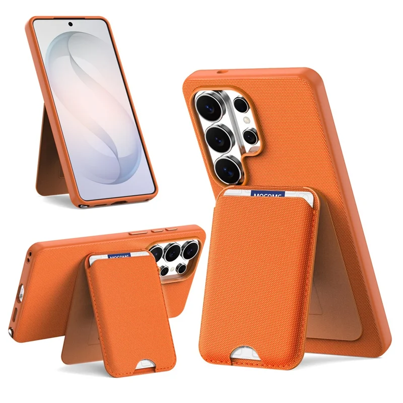 For Samsung Galaxy S26 Ultra Magnetic Case Tech Fabric + TPU Card Holder Kickstand Phone Cover - Orange