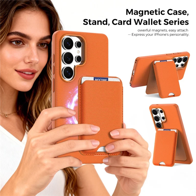 For Samsung Galaxy S26 Ultra Magnetic Case Tech Fabric + TPU Card Holder Kickstand Phone Cover - Orange