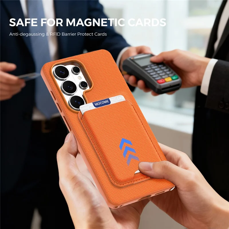 For Samsung Galaxy S26 Ultra Magnetic Case Tech Fabric + TPU Card Holder Kickstand Phone Cover - Orange