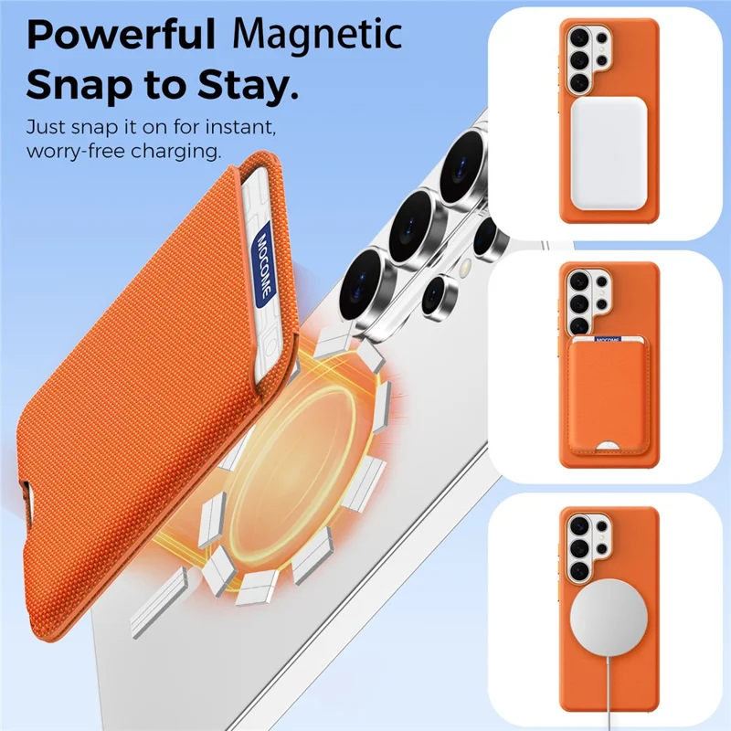 For Samsung Galaxy S26 Ultra Magnetic Case Tech Fabric + TPU Card Holder Kickstand Phone Cover - Orange