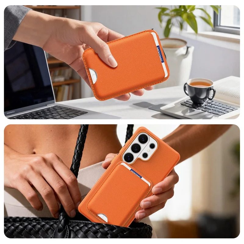 For Samsung Galaxy S26 Ultra Magnetic Case Tech Fabric + TPU Card Holder Kickstand Phone Cover - Orange