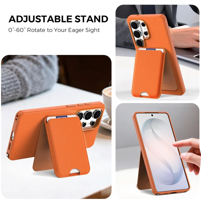 For Samsung Galaxy S26 Ultra Magnetic Case Tech Fabric + TPU Card Holder Kickstand Phone Cover - Orange