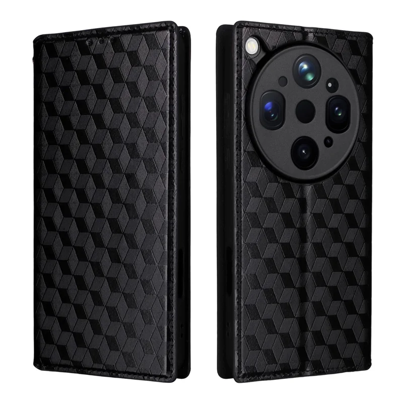 For Oppo Find X9 Ultra 5G Case Wallet Rhombus Imprinted PU Leather Phone Cover - Black