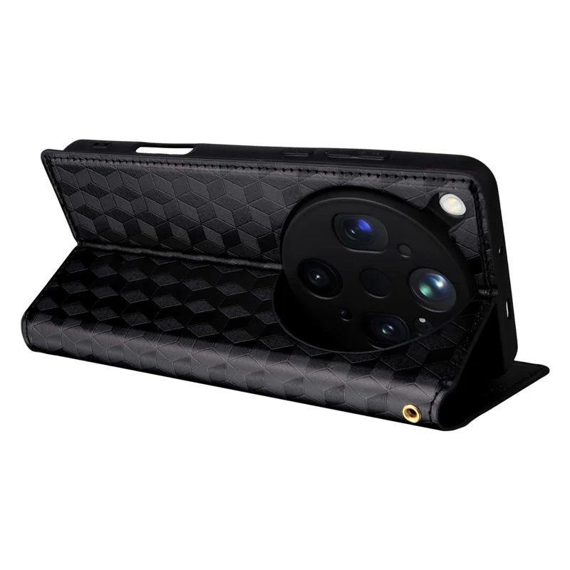 For Oppo Find X9 Ultra 5G Case Wallet Rhombus Imprinted PU Leather Phone Cover - Black