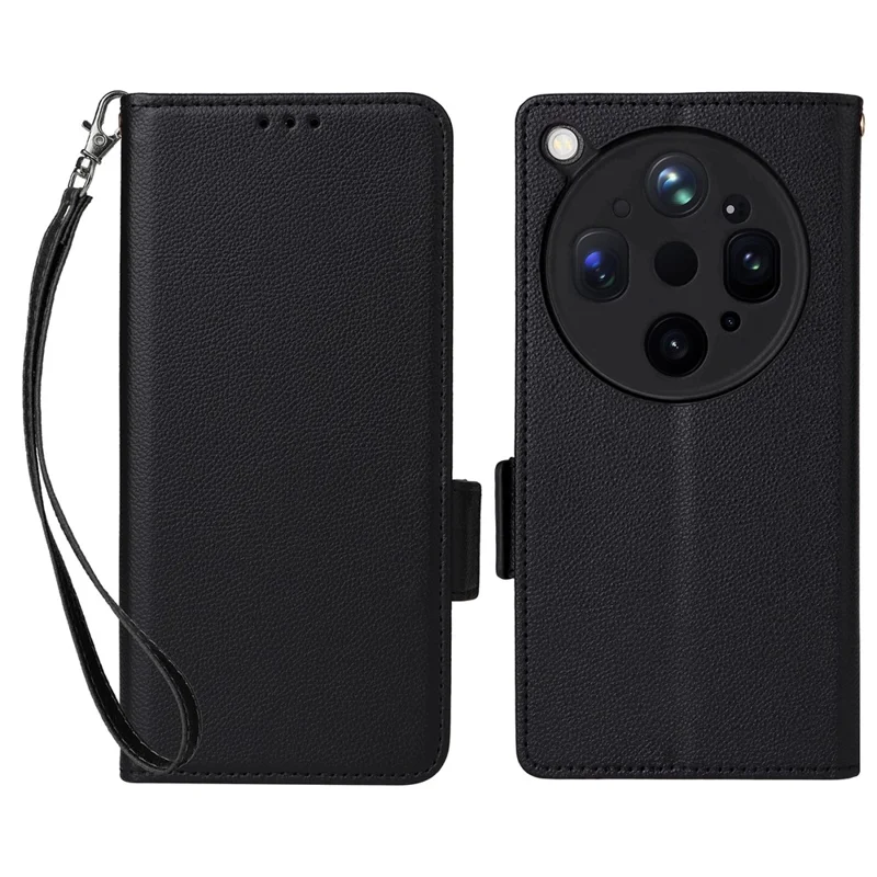 For Oppo Find X9 Ultra 5G Case Litchi Texture Wallet Leather Phone Cover with Wrist Strap - Black