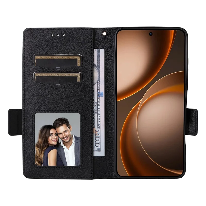 For Oppo Find X9 Ultra 5G Case Litchi Texture Wallet Leather Phone Cover with Wrist Strap - Black