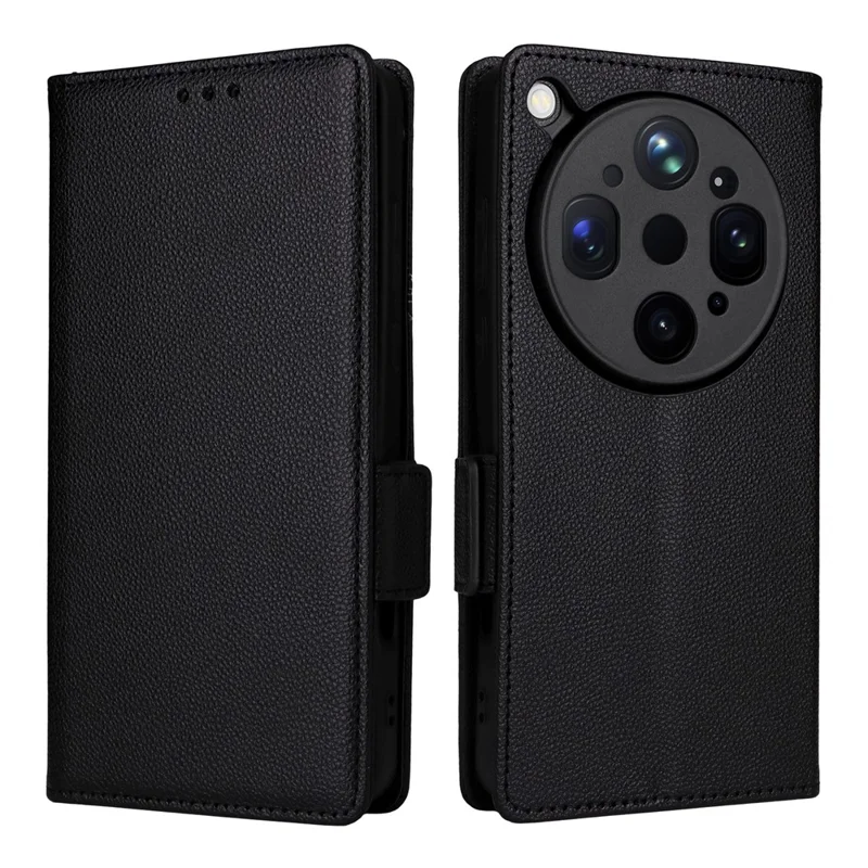 For Oppo Find X9 Ultra 5G Case Litchi Texture Wallet Leather Phone Cover with Wrist Strap - Black
