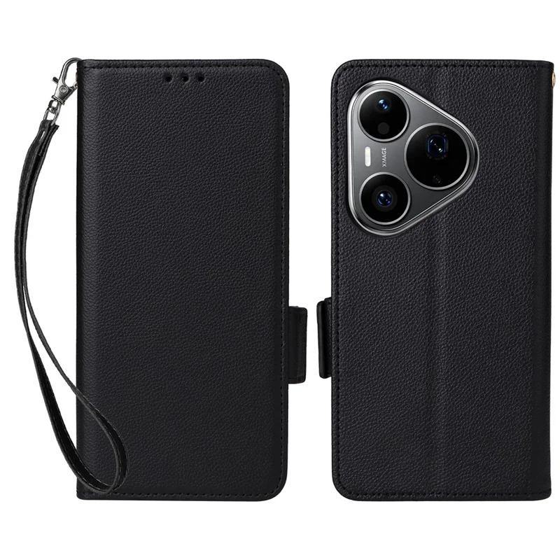 For Huawei Pura 90 Pro Case Litchi Texture Wallet Leather Phone Cover with Wrist Strap - Black