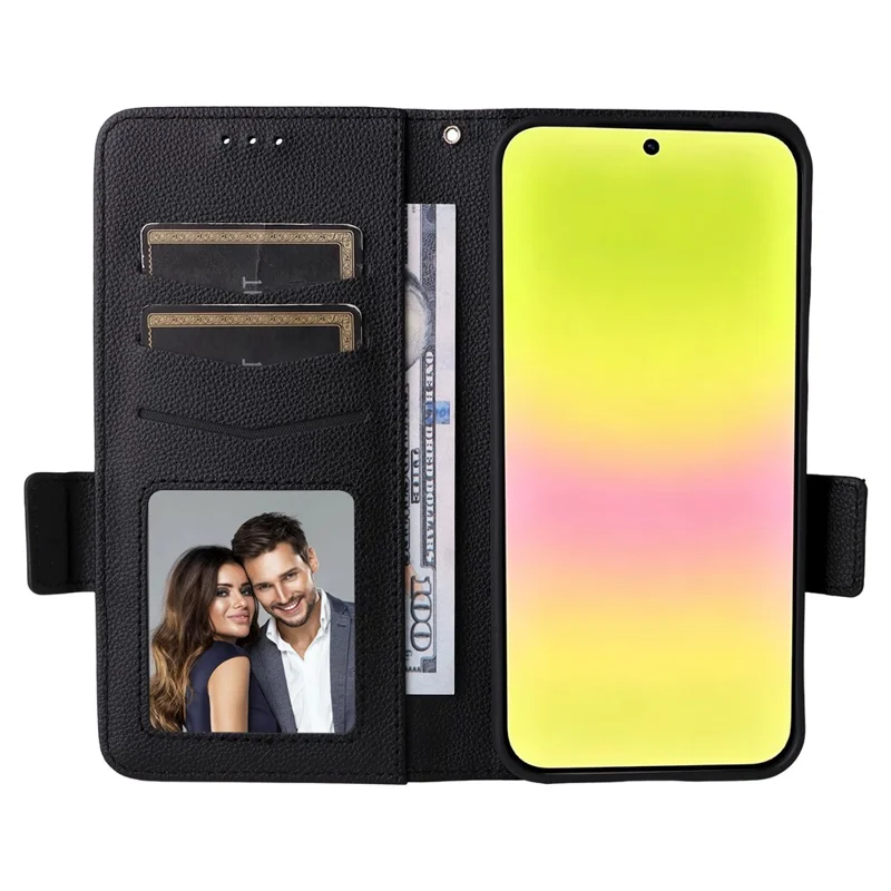 For Huawei Pura 90 Pro Case Litchi Texture Wallet Leather Phone Cover with Wrist Strap - Black