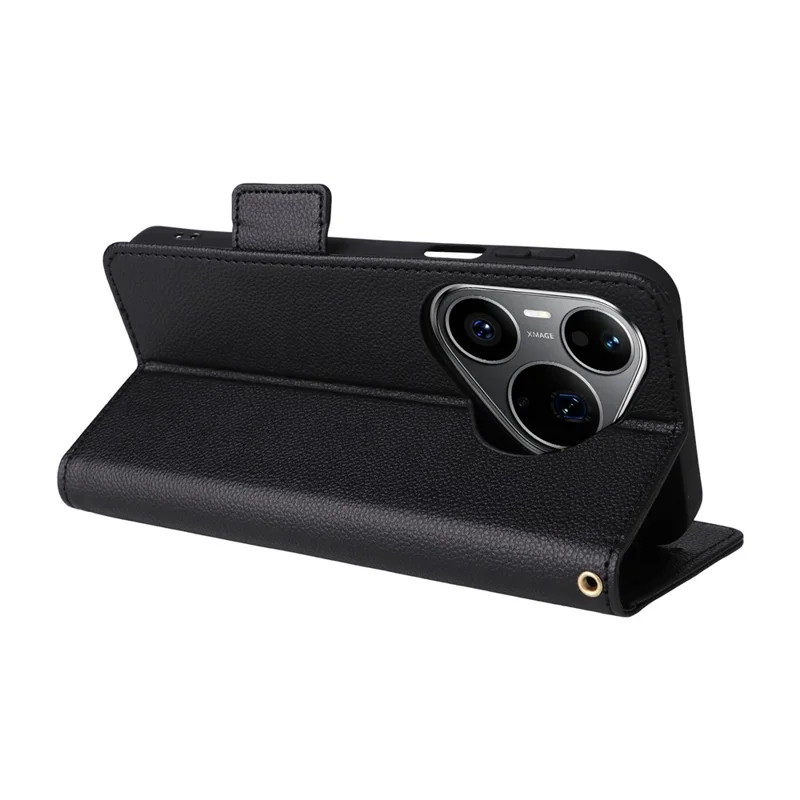 For Huawei Pura 90 Pro Case Litchi Texture Wallet Leather Phone Cover with Wrist Strap - Black