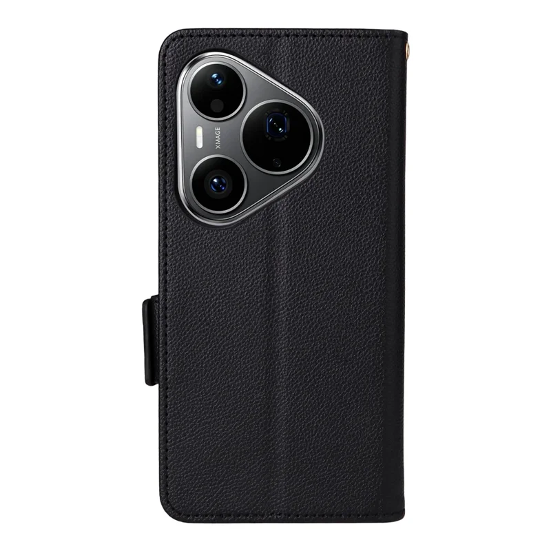 For Huawei Pura 90 Pro Case Litchi Texture Wallet Leather Phone Cover with Wrist Strap - Black