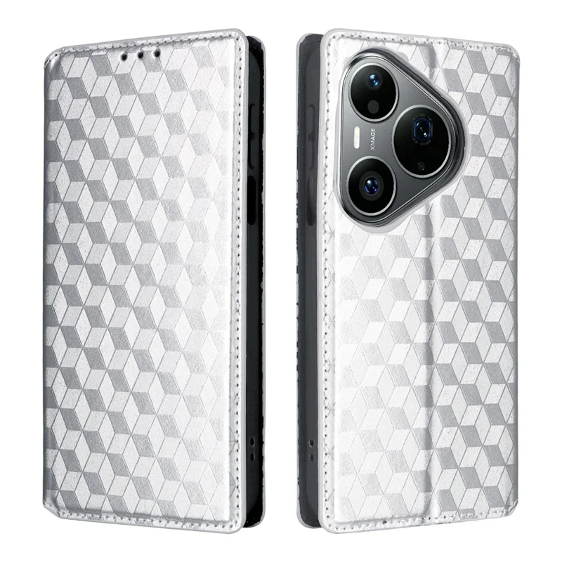 For Huawei Pura 90 Pro Case Wallet Rhombus Imprinted PU Leather Phone Cover - Silver
