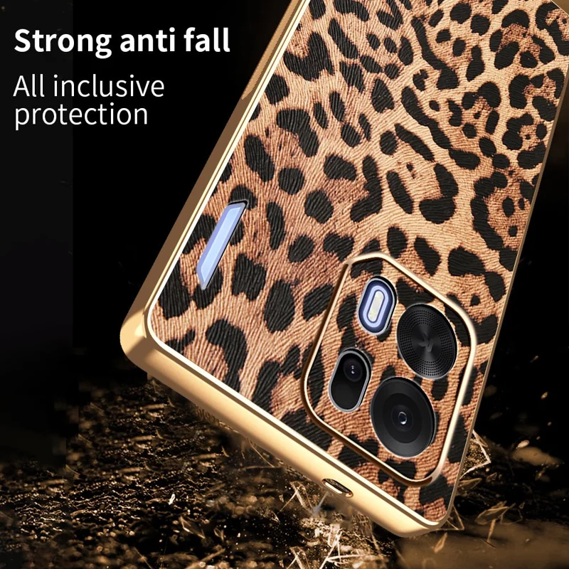 Capa para Oppo K15 Pro+ 5G, Estampa de Leopardo Elegante, Revestimento em PU com Estrutura em TPU e Placa Traseira em PC, Acabamento Electrolaqueado