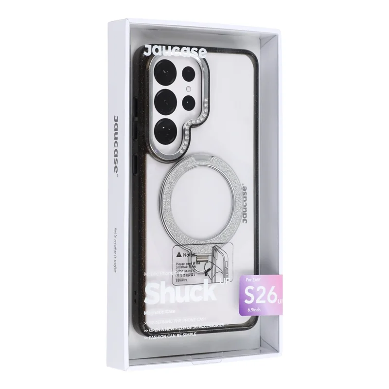 JAUCASE For Samsung Galaxy S26 Ultra Magnetic Case Rotating Kickstand PC + TPU Glitter Phone Cover - Black