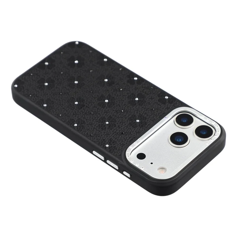 JAUCASE لجهاز iPhone 17 Pro غطاء مغناطيسي مرصع بالكريستال بتصميم نمط أربع أوراق على شكل كlover - أسود