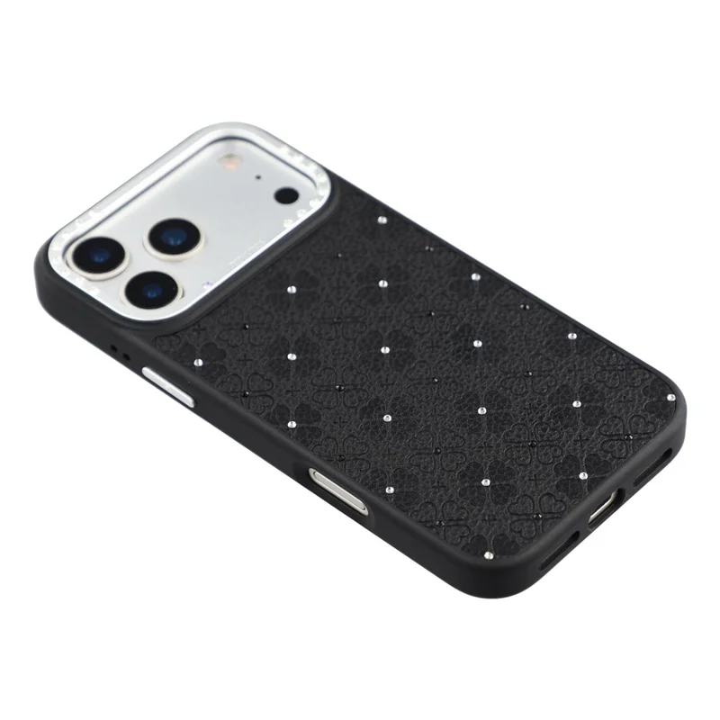 JAUCASE لهاتف iPhone 17 Pro Max غطاء مغناطيسي مرصع بالكريستال بتصميم نمط أربع أوراق على شكل كlover غطاء الهاتف - أسود