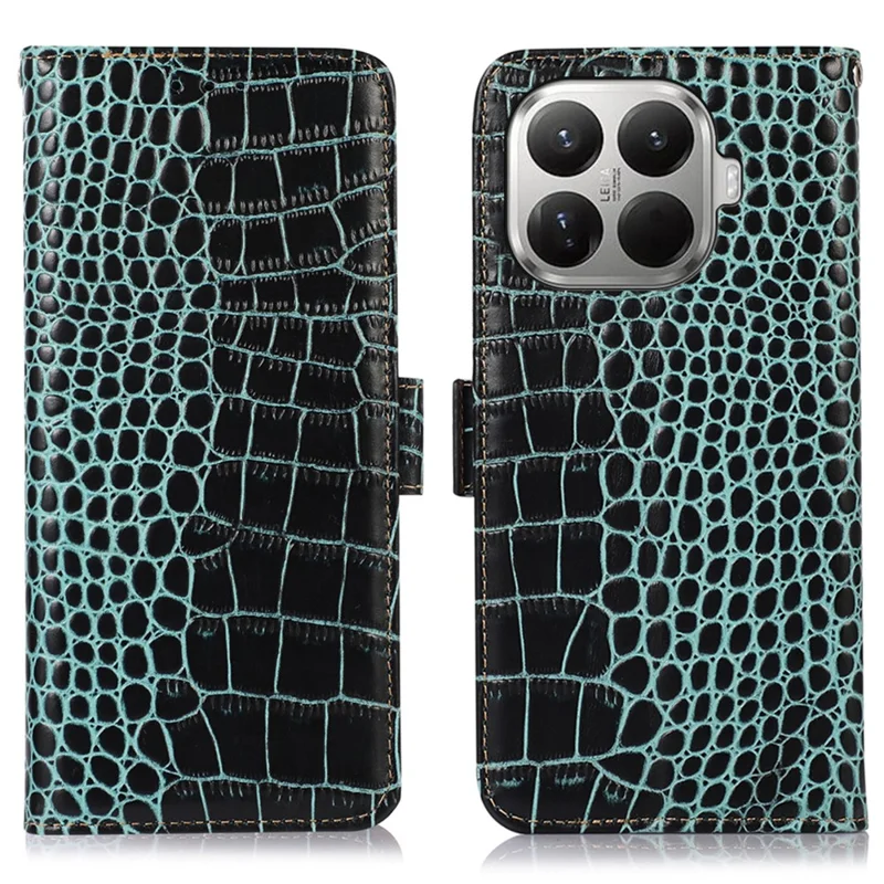 Funda para Xiaomi 17T con Billetera, Bloqueo RFID, Textura de Cocodrilo, Hecha de Cuero Auténtico de Vaca - Verde