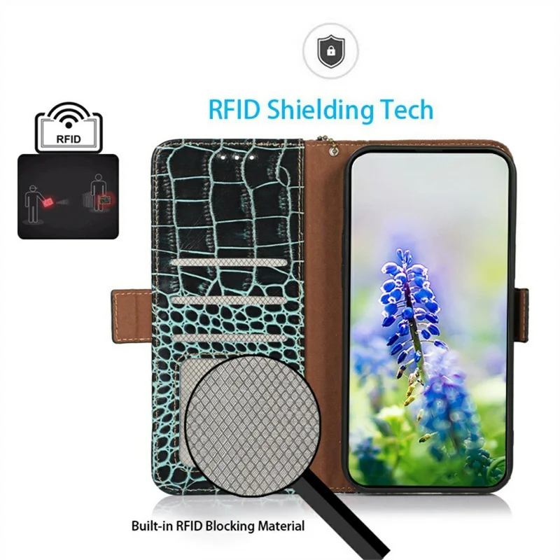 Funda para Xiaomi 17T con Billetera, Bloqueo RFID, Textura de Cocodrilo, Hecha de Cuero Auténtico de Vaca - Verde