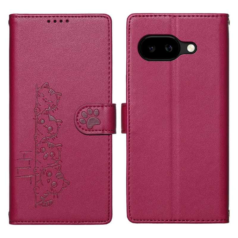 For Google Pixel 10a Case Adorable Cat Pattern PU Leather Wallet Phone Cover with Wrist Strap - Rose
