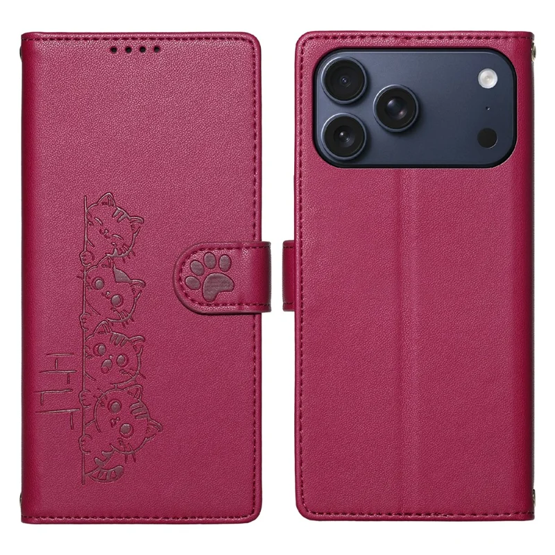 For iPhone 17 Pro Max Case Adorable Cat Pattern PU Leather Wallet Phone Cover with Wrist Strap - Rose
