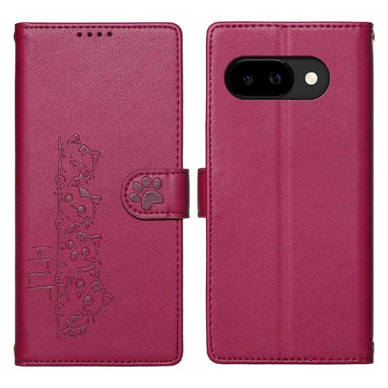 For Google Pixel 9a Case Adorable Cat Pattern PU Leather Wallet Phone Cover with Wrist Strap - Rose