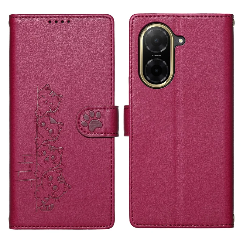 For Xiaomi Redmi A5 NFC (EU) (173.45mm) Case Adorable Cat Pattern PU Leather Wallet Phone Cover with Wrist Strap - Rose
