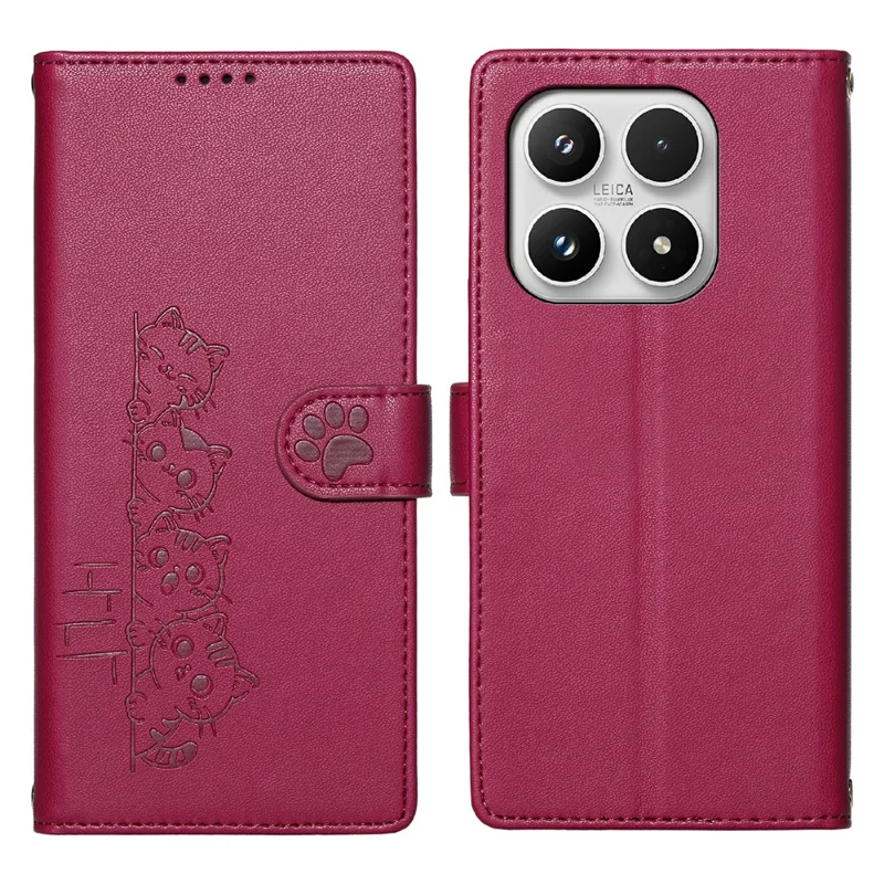 For Xiaomi 17 Case Adorable Cat Pattern PU Leather Wallet Phone Cover with Wrist Strap - Rose