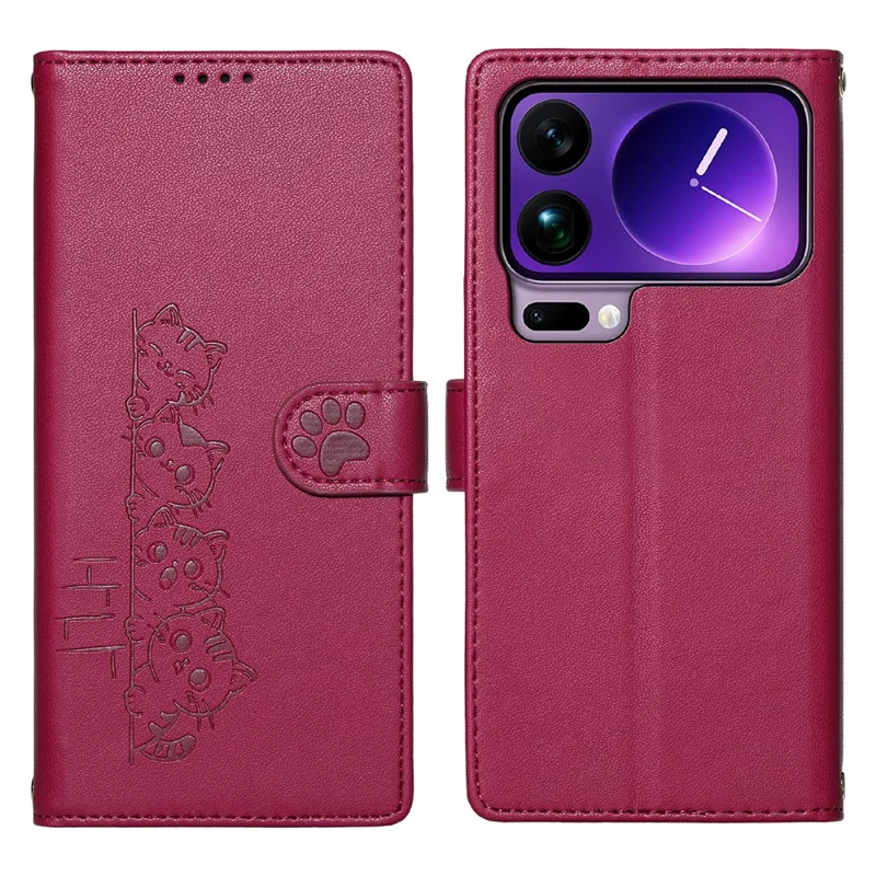 For Xiaomi 17 Pro Max Case Adorable Cat Pattern PU Leather Wallet Phone Cover with Wrist Strap - Rose