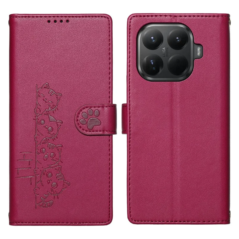 For Xiaomi 15T Pro Case Adorable Cat Pattern PU Leather Wallet Phone Cover with Wrist Strap - Rose
