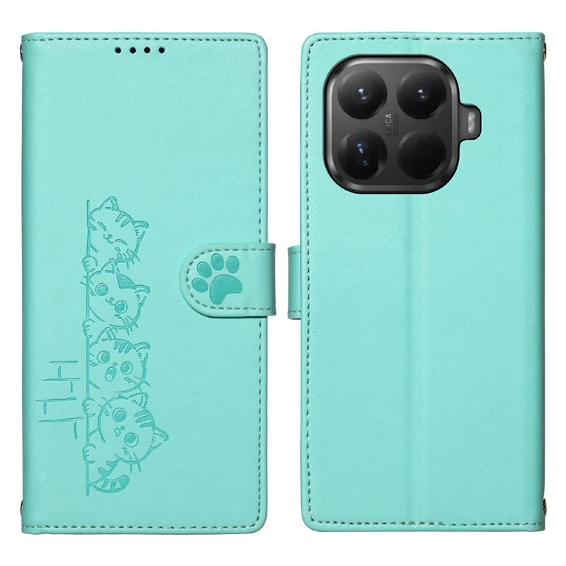 For Xiaomi 15T Pro Case Adorable Cat Pattern PU Leather Wallet Phone Cover with Wrist Strap - Green