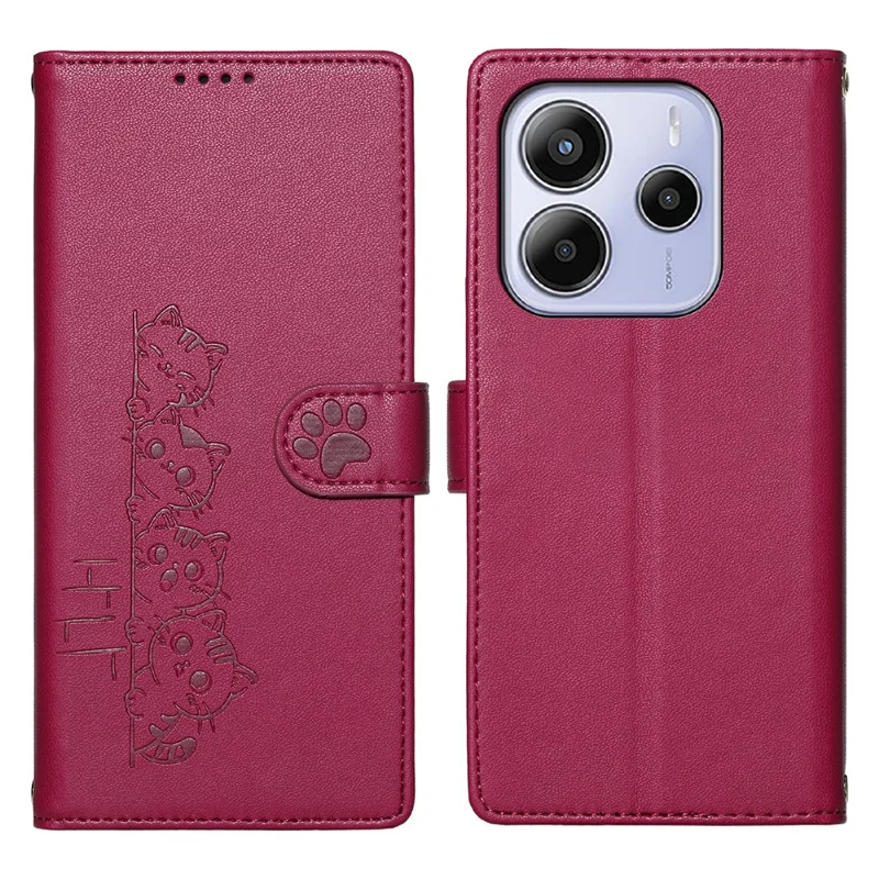 For Xiaomi Redmi Note 14 5G Case Adorable Cat Pattern PU Leather Wallet Phone Cover with Wrist Strap - Rose