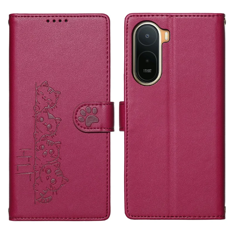 For Xiaomi Redmi A7 Pro 4G (171.56mm) / Poco C85x 5G Case Adorable Cat Pattern PU Leather Wallet Phone Cover with Wrist Strap - Rose