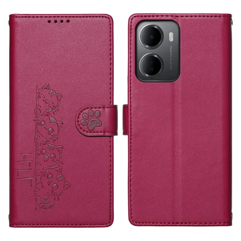 For Xiaomi Redmi 15a 5G Case Adorable Cat Pattern PU Leather Wallet Phone Cover with Wrist Strap - Rose