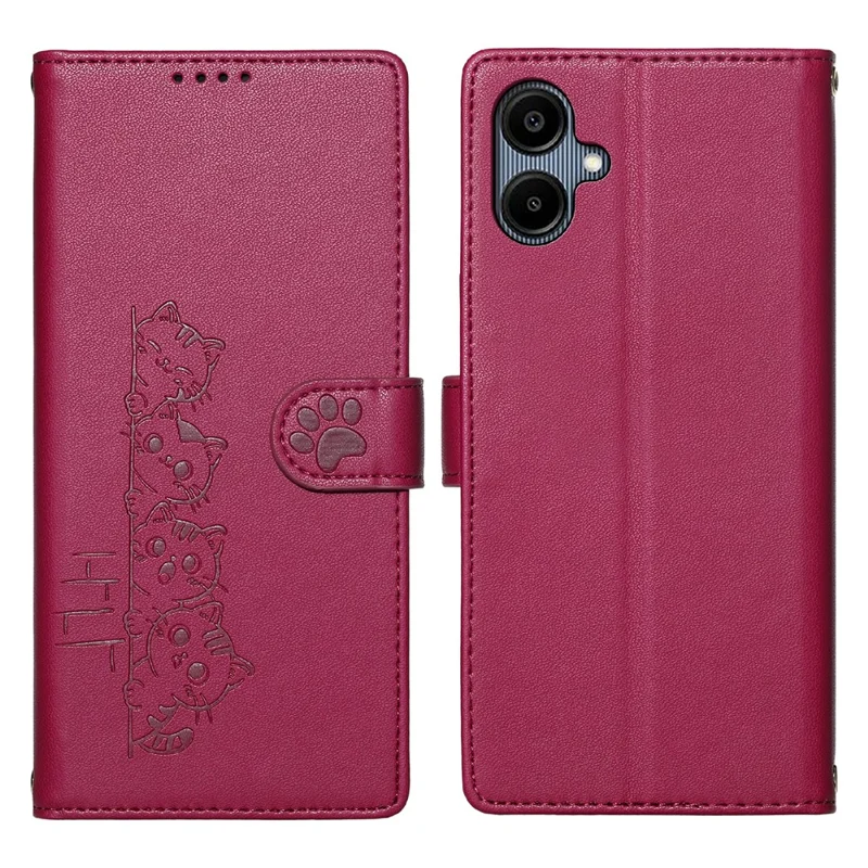 For Samsung Galaxy A06 4G Case Adorable Cat Pattern PU Leather Wallet Phone Cover with Wrist Strap - Rose