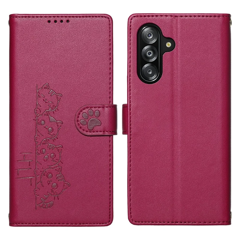 For Samsung Galaxy A26 5G Case Adorable Cat Pattern PU Leather Wallet Phone Cover with Wrist Strap - Rose