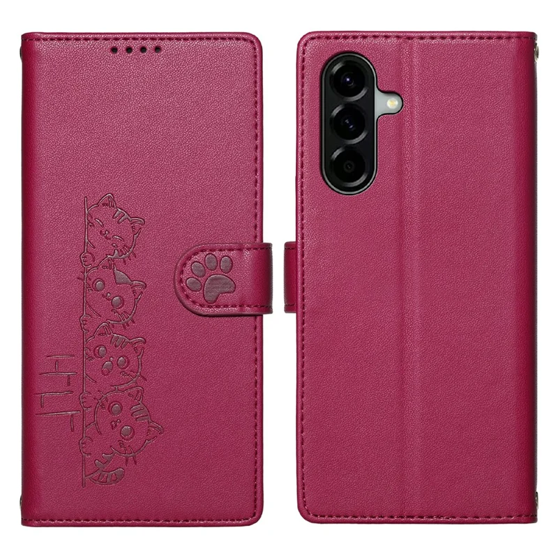 For Samsung Galaxy A56 5G Case Adorable Cat Pattern PU Leather Wallet Phone Cover with Wrist Strap - Rose