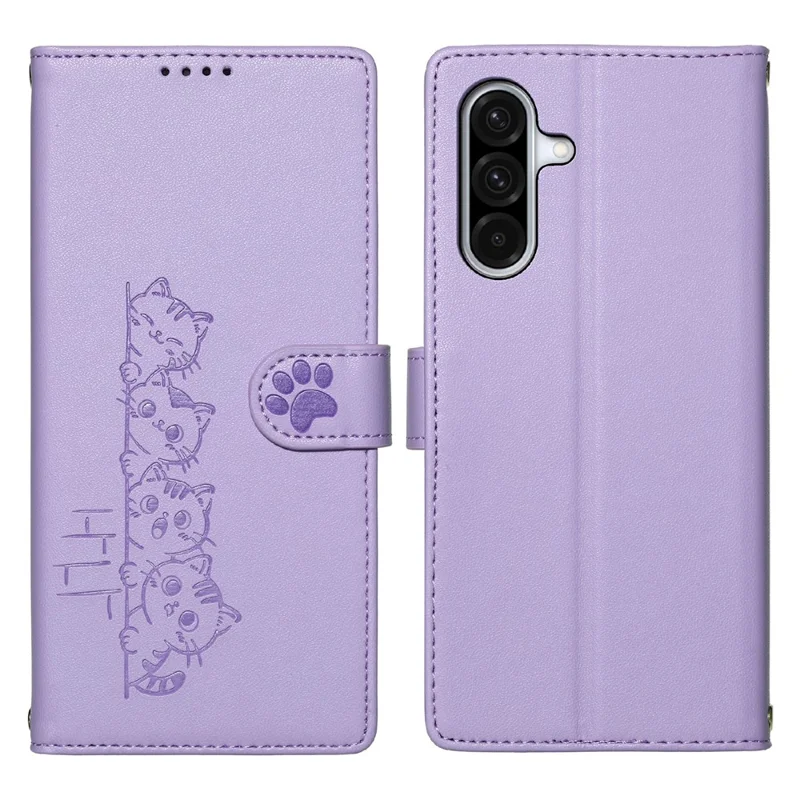 For Samsung Galaxy A37 5G Case Adorable Cat Pattern PU Leather Wallet Phone Cover with Wrist Strap - Purple