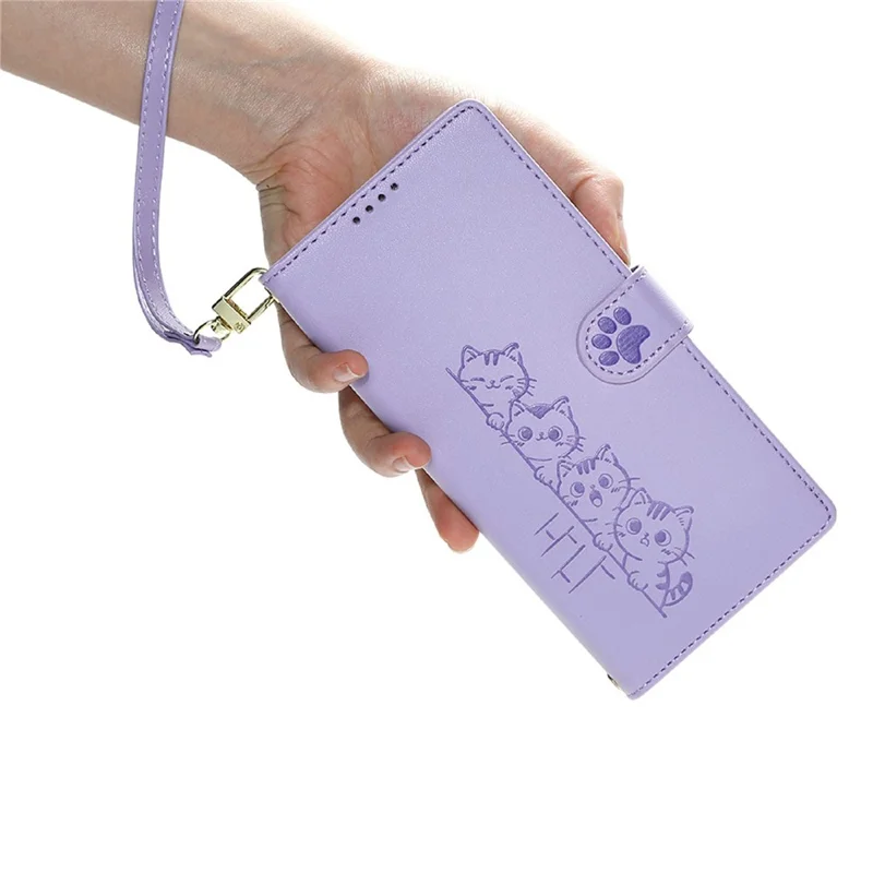 For Samsung Galaxy A37 5G Case Adorable Cat Pattern PU Leather Wallet Phone Cover with Wrist Strap - Purple