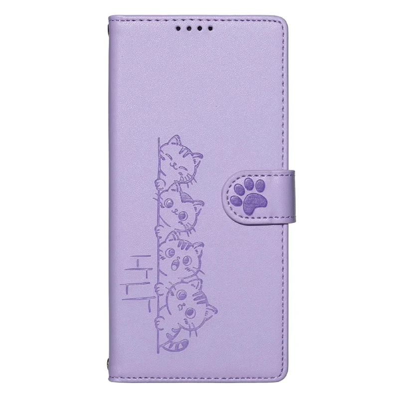 For Samsung Galaxy A37 5G Case Adorable Cat Pattern PU Leather Wallet Phone Cover with Wrist Strap - Purple