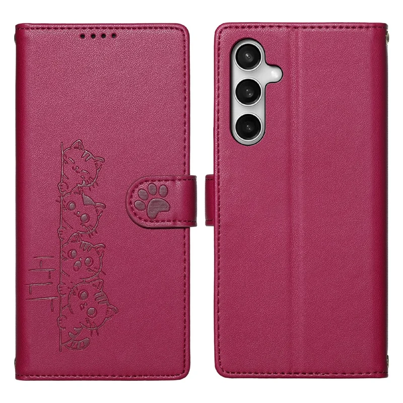 For Samsung Galaxy S25 FE Case Adorable Cat Pattern PU Leather Wallet Phone Cover with Wrist Strap - Rose