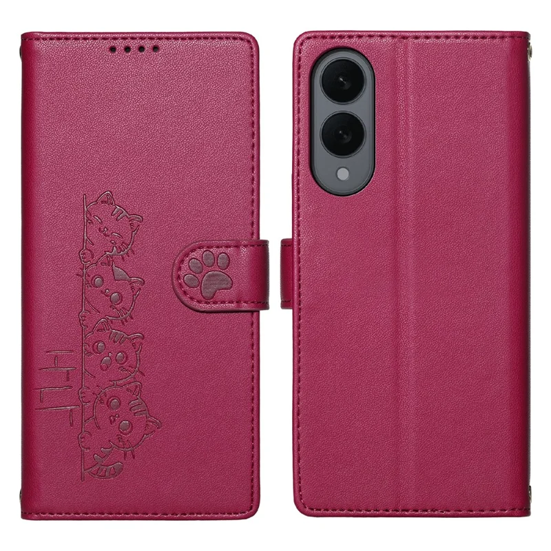 For Samsung Galaxy S25 Edge Case Adorable Cat Pattern PU Leather Wallet Phone Cover with Wrist Strap - Rose