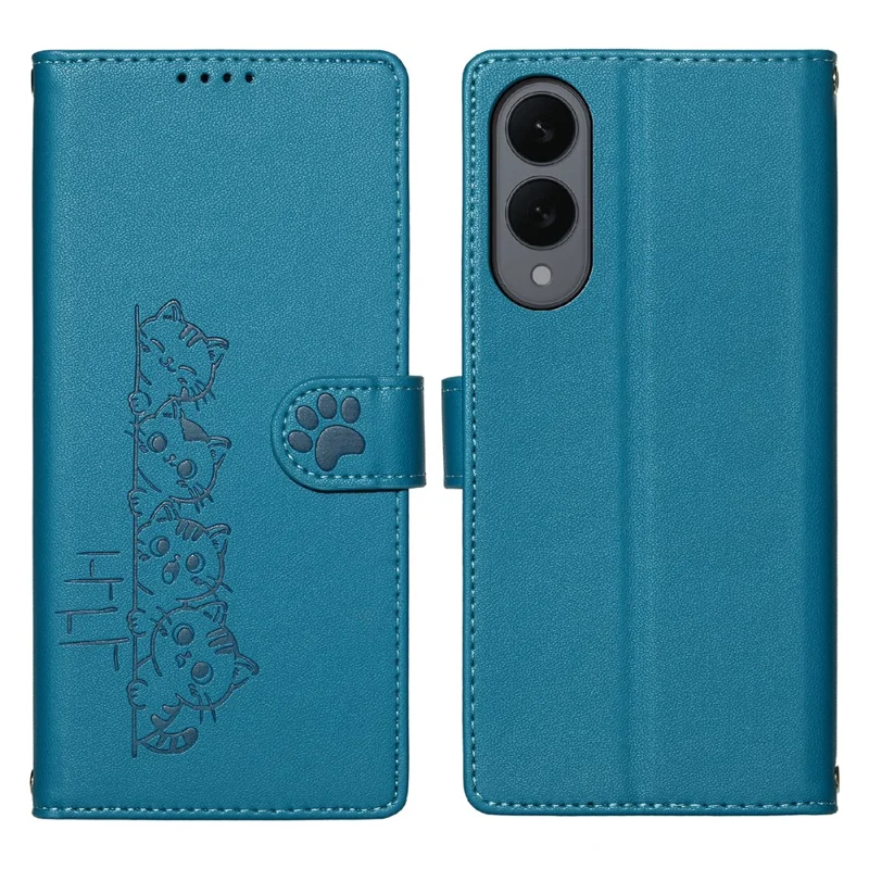 For Samsung Galaxy S25 Edge Case Adorable Cat Pattern PU Leather Wallet Phone Cover with Wrist Strap - Blue