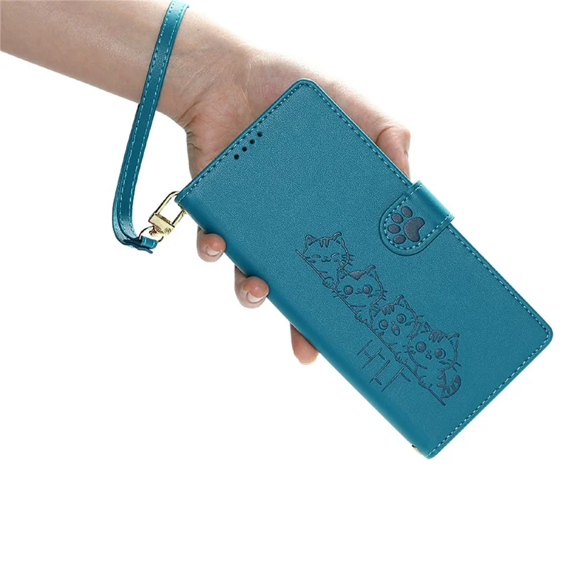 For Samsung Galaxy S25 Edge Case Adorable Cat Pattern PU Leather Wallet Phone Cover with Wrist Strap - Blue