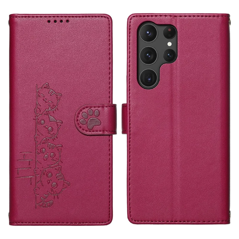 For Samsung Galaxy S25 Ultra Case Adorable Cat Pattern PU Leather Wallet Phone Cover with Wrist Strap - Rose