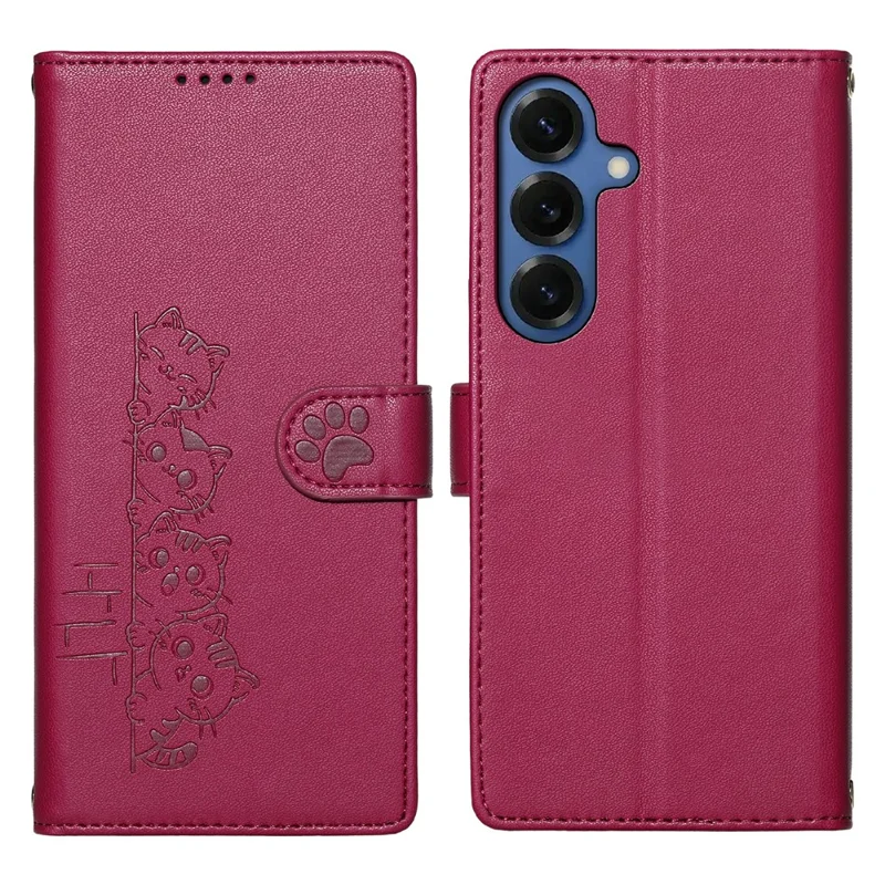 For Samsung Galaxy S25+ Case Adorable Cat Pattern PU Leather Wallet Phone Cover with Wrist Strap - Rose